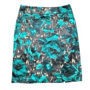 New York & Company Sz 14 Teal Black Abstract Floral A-Line Midi Skirt No Belt